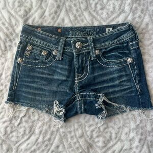 Girls Miss Me Dark Blue Jean Shorts with Distressed Hem